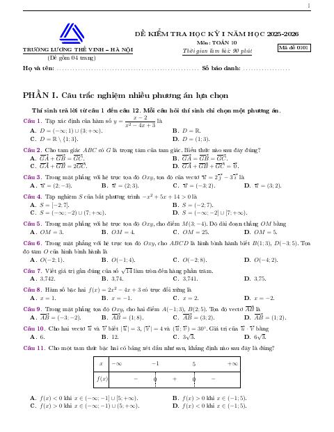 Đề thi Học kì 1 Toán 10 năm 2025-2026 trường THPT Lương Thế Vinh (Hà Nội)
